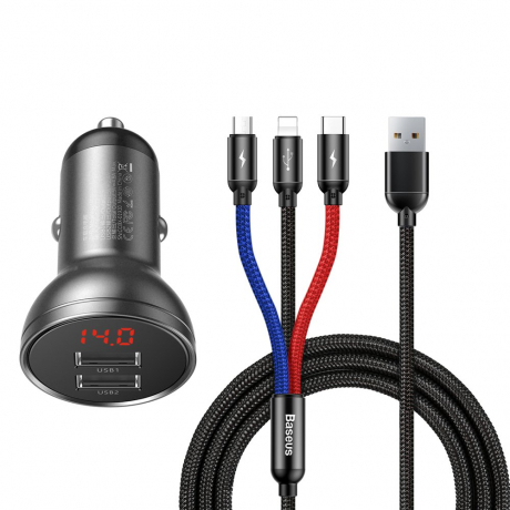 Baseus Digital 2x USB autonabíječka + 3in1 kabel USB - UBS C / Micro USB / Lightning 1.2m, černá (TZ