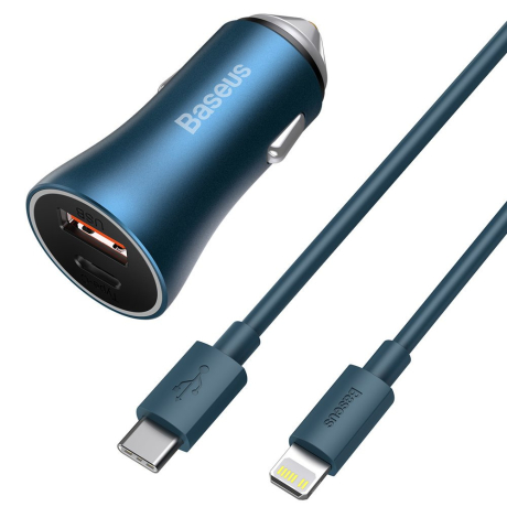 Baseus Golden Contactor Pro autonabíjačka USB-C / USB 40W PD QC + kábel USB-C / Lightning, modrá (TZCCJD-03)