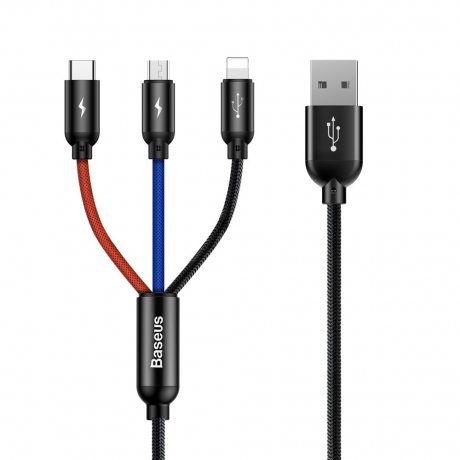 Baseus Three Primary kabel USB - Micro USB / Lightning / USB-C 3.5A 1.2m, černý (CAMLT-BSY01)