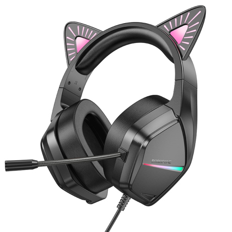 Borofone BO106 herní sluchátka s kočičíma ušima USB / 3.5mm jack, černé/růžové