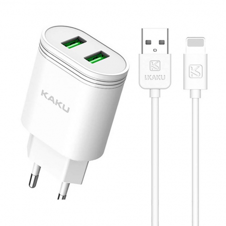 KAKU Charger síťová nabíječka 2x USB 12W 2.4A + Lightning kabel 1m, bíla (KSC-372)