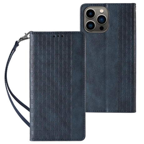 MG Magnet Strap knižkové kožené puzdro na iPhone 13 Pro, modré