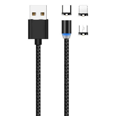MG 3in1 magnetický USB kabel + plug adaptér Micro USB / USB-C / Lightning 1m, černý (WMC-01)