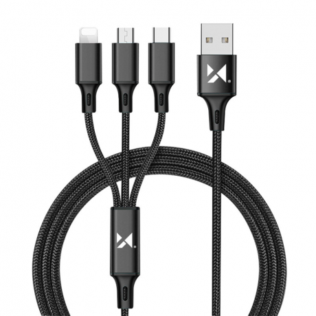 MG 3in1 kábel USB - USB-C/ Micro USB / Lightning 2.8A 1.25m, čierny