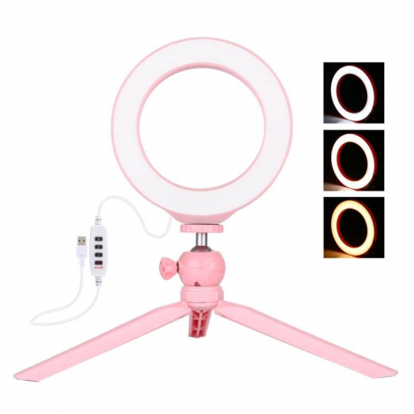 PULUZ Selfie Ring kruhové LED svetlo 6.2'' + mini statív, ružový (PKT3092F)
