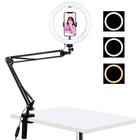 PULUZ Selfie Ring kruhové LED světlo 10'' + držák na stůl, černé (PKT3090B)