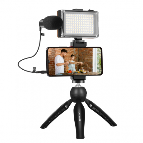 PULUZ Live Vlogger statív na mobil + LED světlo a mikrofon, černý (PKT3132B)