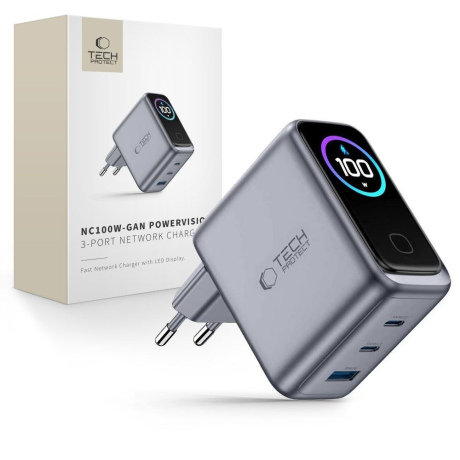 Tech-Protect Power Vision GaN sieťová nabíjačka USB / 2x USB-C QC PD 100W, šedá