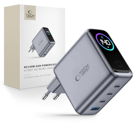 Tech-Protect Power Vision GaN sieťová nabíjačka USB / 3x USB-C QC PD 140W , šedá