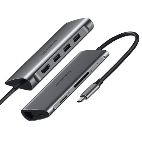 Ugreen HUB adaptér USB-C - 3x USB 3.0 / SD / micro SD / RJ45 / HDMI, sivý (50538)