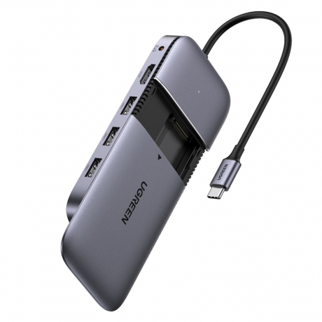 Ugreen CM296 HUB adaptér USB-C - 3x USB 3.2 / HDMI 4K / USB-C PD / DC SATA M.2 SSD, šedý (CM296 70449)