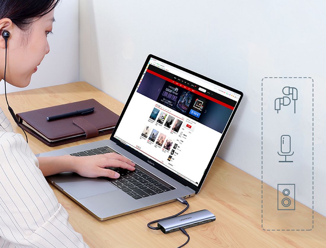 Ugreen CM136 USB-C HUB adapter HDMI 4K, 3x USB, USB-C PD, AUX, szürke